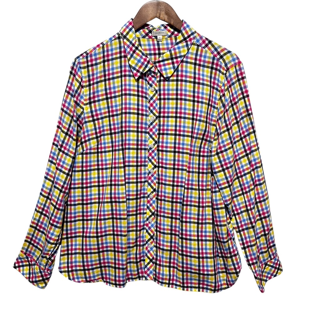Talbots Womens XL‎ Button Front Plaid Shirt Multicolor Cotton Long Sleeve Casual